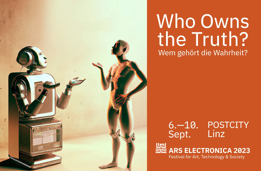 On the left of the graphic is an image depicting a robot (an original 1st generation robot) facing a human-looking robot, both gesturing like they don't know the answer. On the right atop a burnt orange background are the words "Who Owns the Truth?" Follo