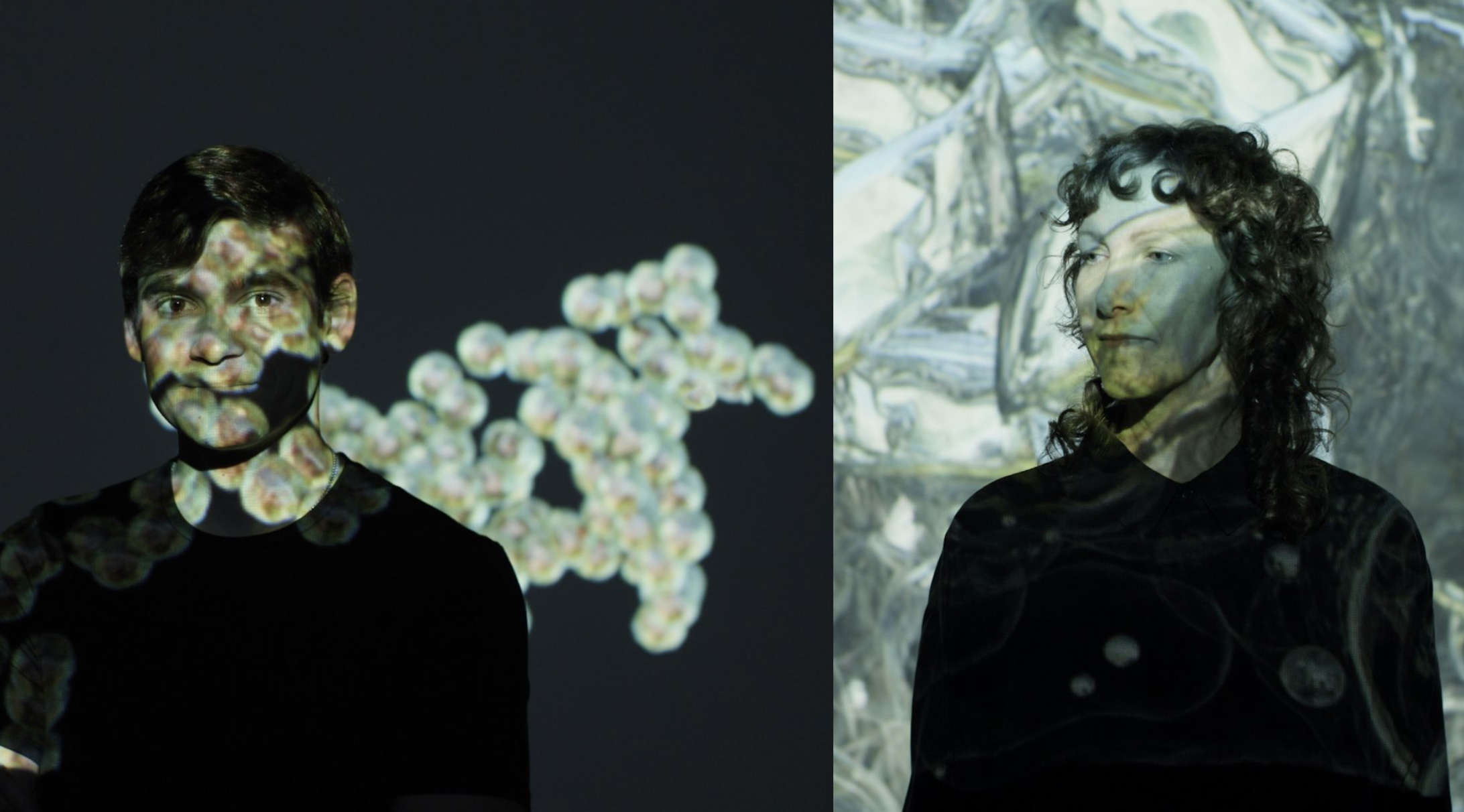 Dark, almost black and white image of biophysicist, Adman Lamson, and transdisciplinary artist, Laura Splan