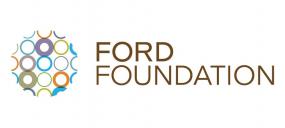 Circle filled with smaller rings in blue, orange, purple, yellow and green, flanked by text that reads FORD FOUNDATION