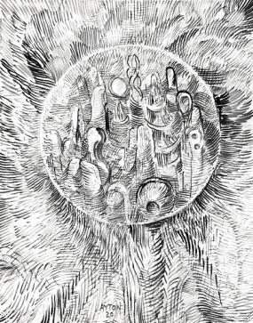 Black and white illustration of an orb on an indistinct crosshatched background. Various amorphous shapes appear within the orb.
