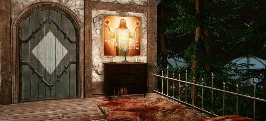 Pictured above is one example of how online communities and cultures create their own rituals and mythoi. "RNGesus", a portmanteau of the Christian Jesus and the acronym for "random number generator", has become a deity for many players of ArcheAge, who erect shrines to him in their homes in the hopes that it will bring them luck.